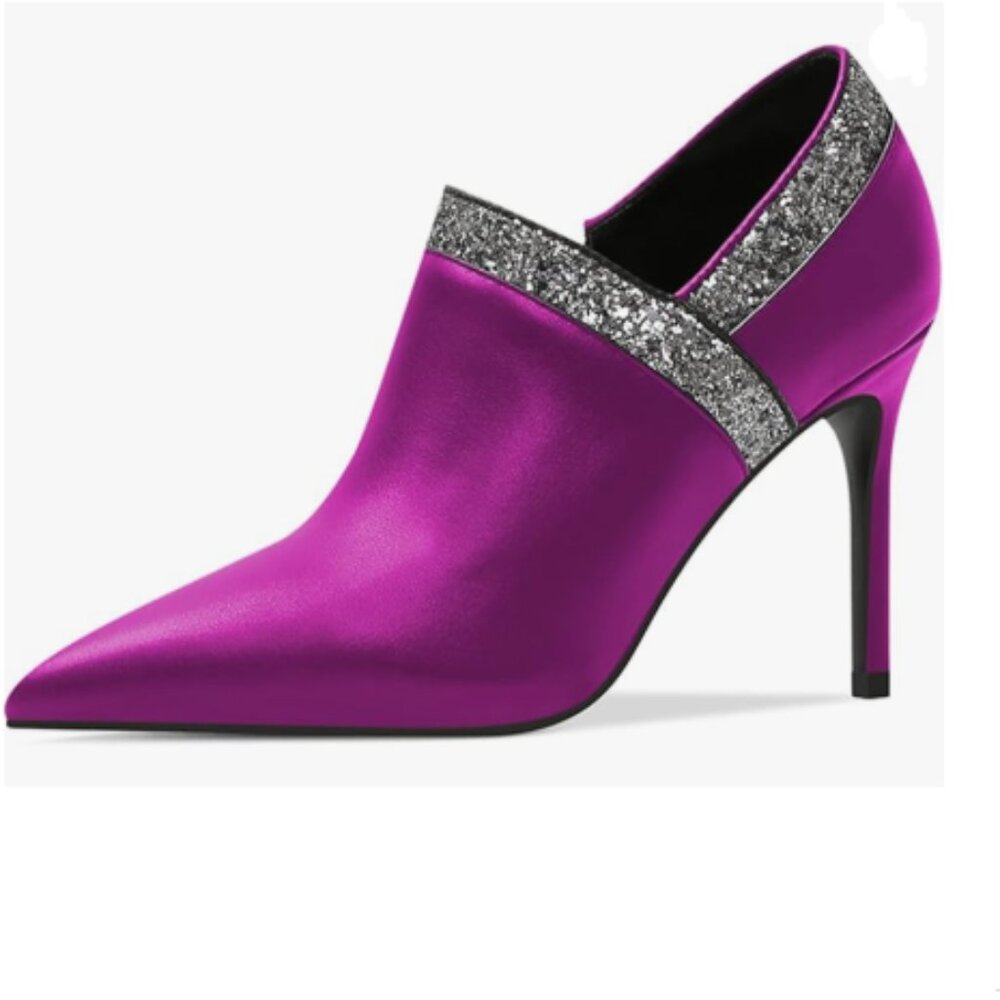 YDN Purple Rhinestone Glitter Stiletto Heel Pumps Pointed Toe Side Zipper Shoes